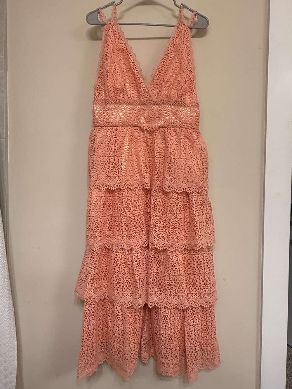 Just Me Coral Lace Tiered V-Neck Midi Dress